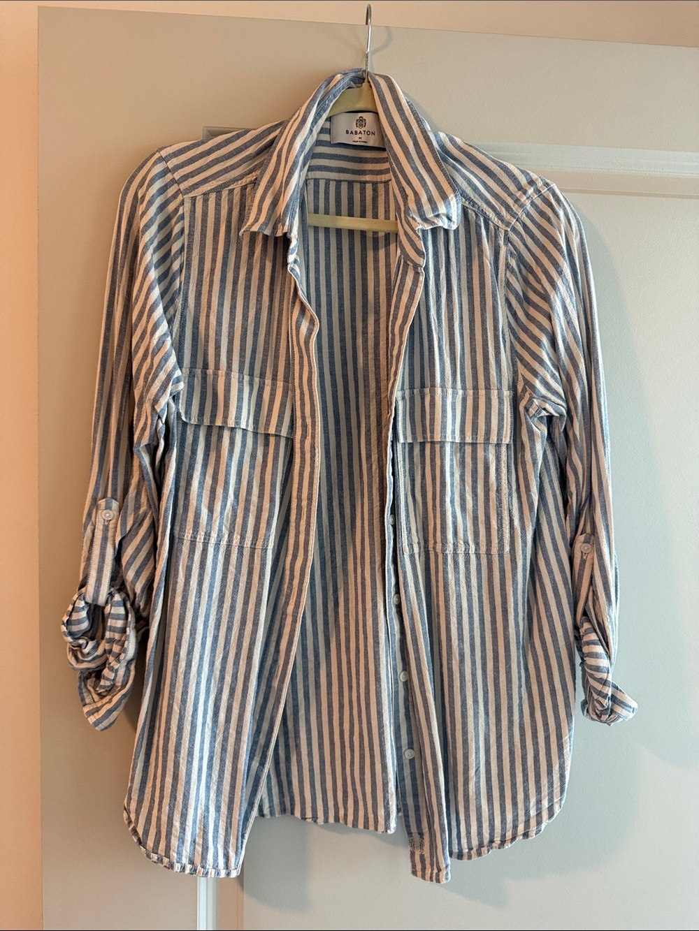 Babaton Blue & White Vertical Stripe Casual Button-Down